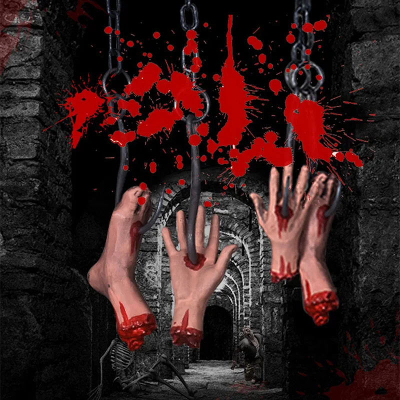 2PCS/Set Iron Chain Hook Realistic Hands Feet Horror Bloody Pendant Haunted House Bar Scene Layout Props Halloween Decoration