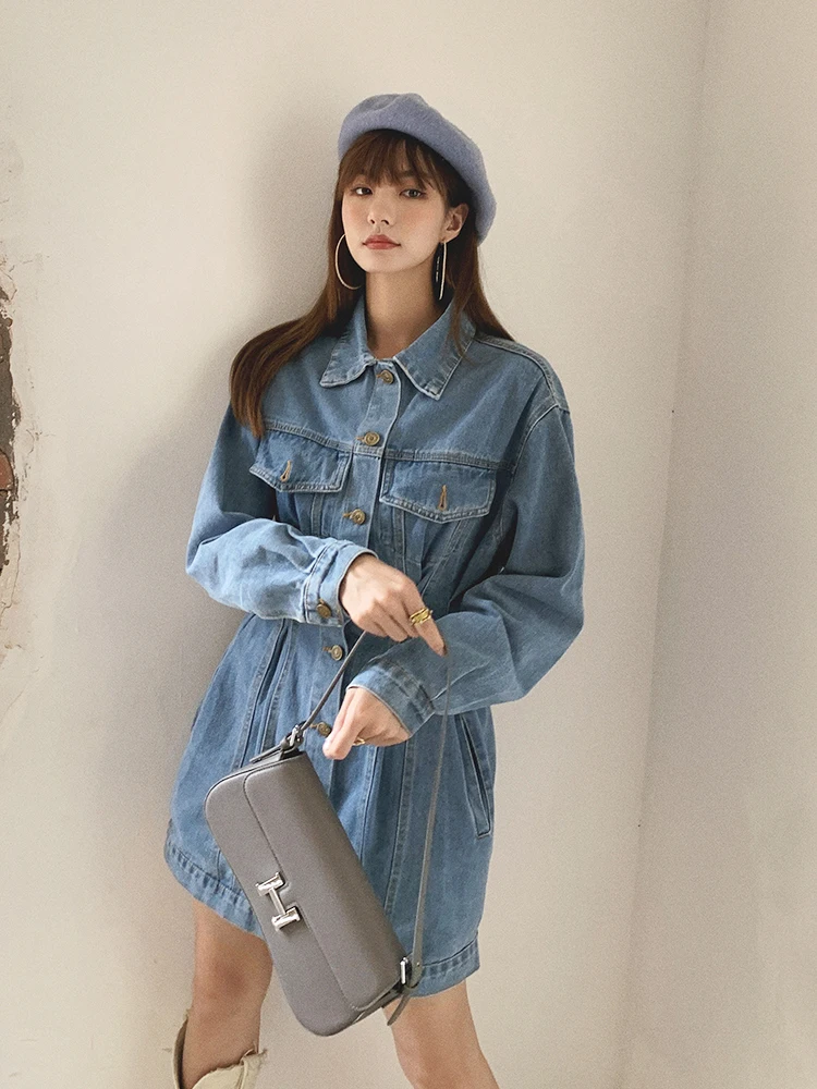 

2024 Autumn New Women Denim Dress Retro Turn Down Collar Long Sleeve Single Breasted Slim Waist Blue Denim Short Dresses Fashion