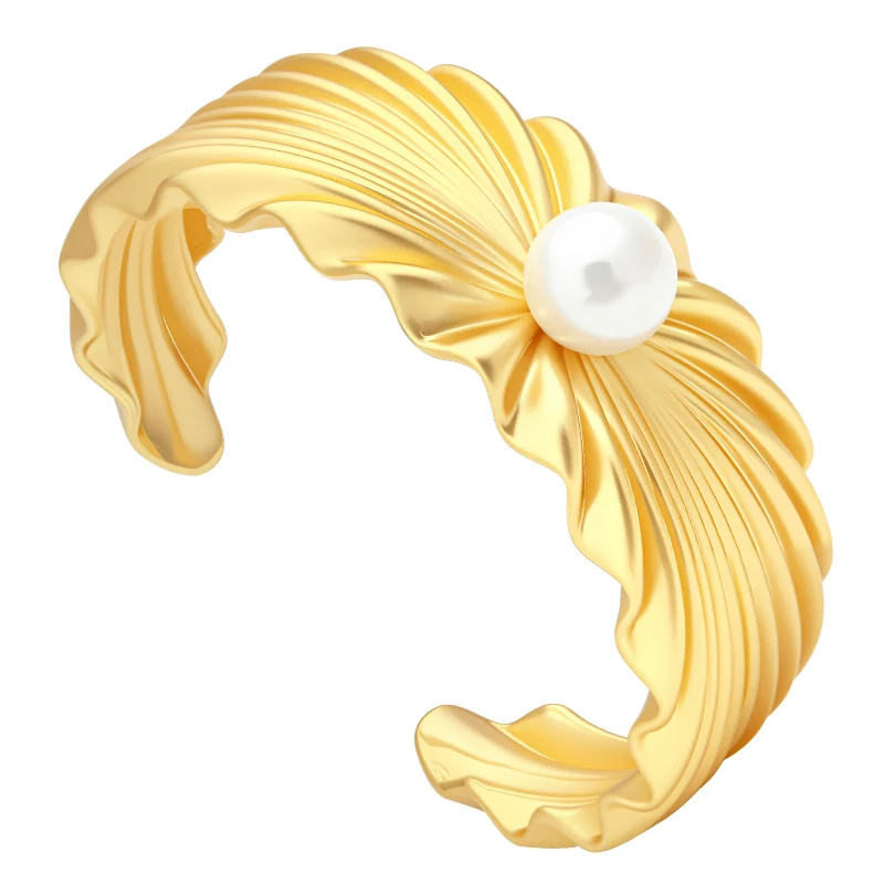 VAROLE Italian Irregular Stripe Pearl Cuff Bangle For Women Oversize Sea Grass Shape Gold Color Bracelet Fashion Jewelry Gift