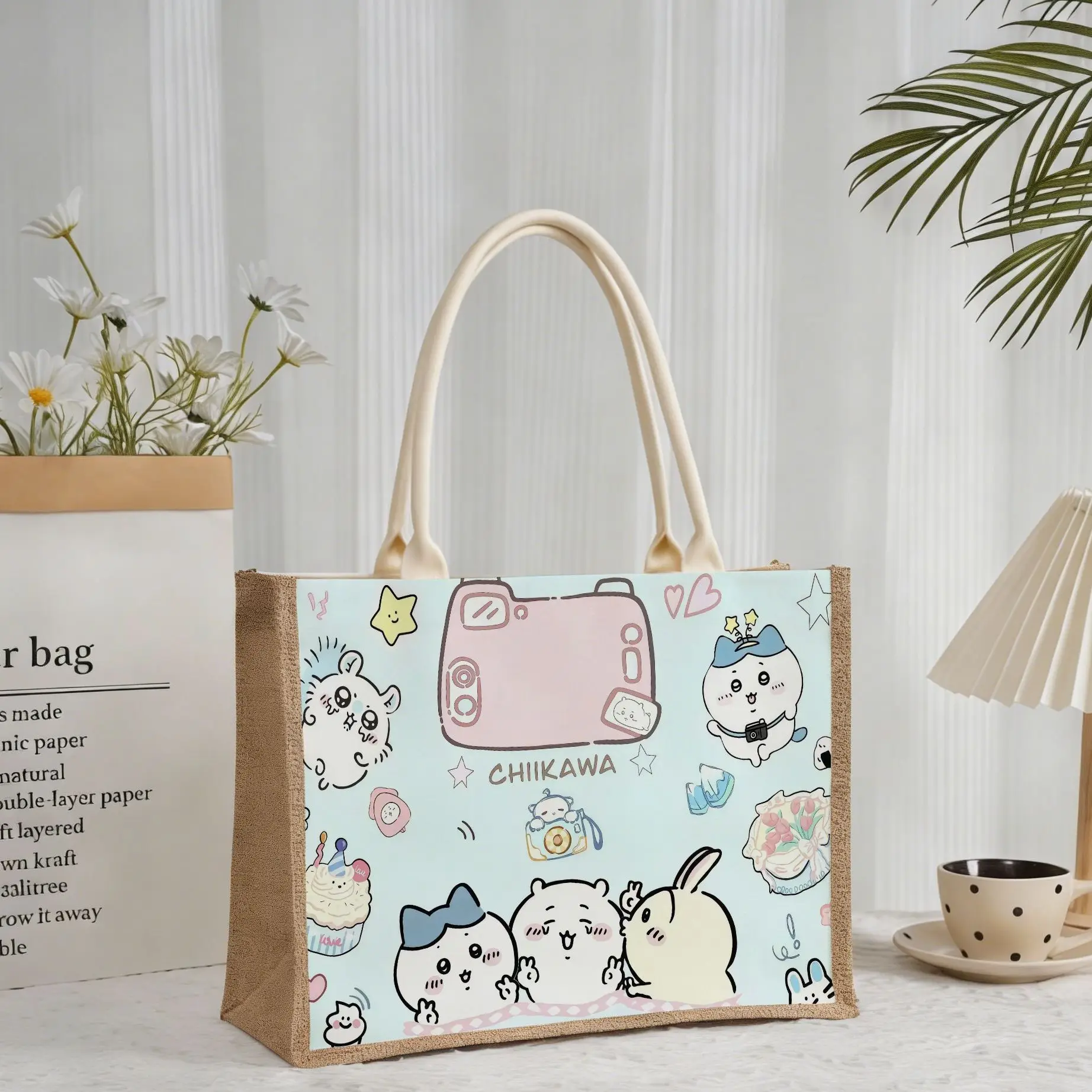 Kawaii Anime Chiikawa Usagi Linen Handbag Lightweight Large Capacity Shoulder Tote Bag for Student Study Travel Shopping Lovely