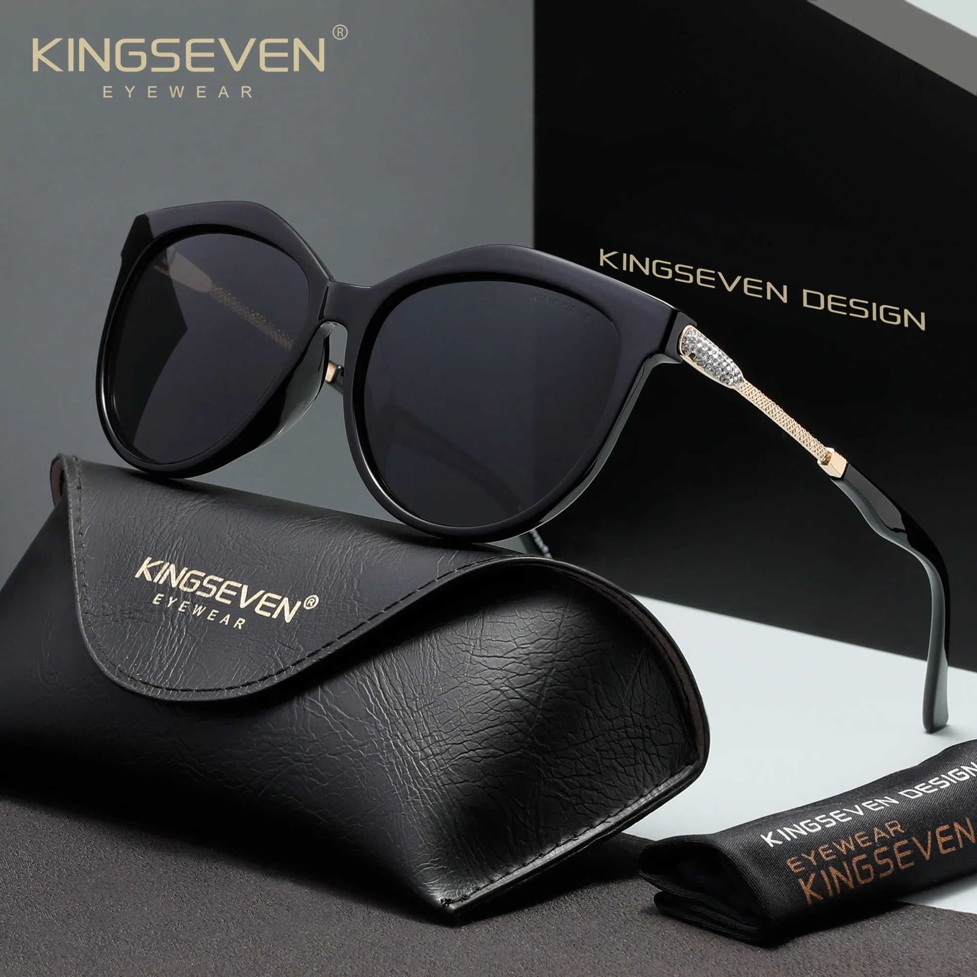 Óculos de Sol Femininos KINGSEVEN Modernos para Dirigir, Proteção UV400 Polarizada, Óculos de Moda de Luxo, Armações Grandes Redondas Estilo Gatinho