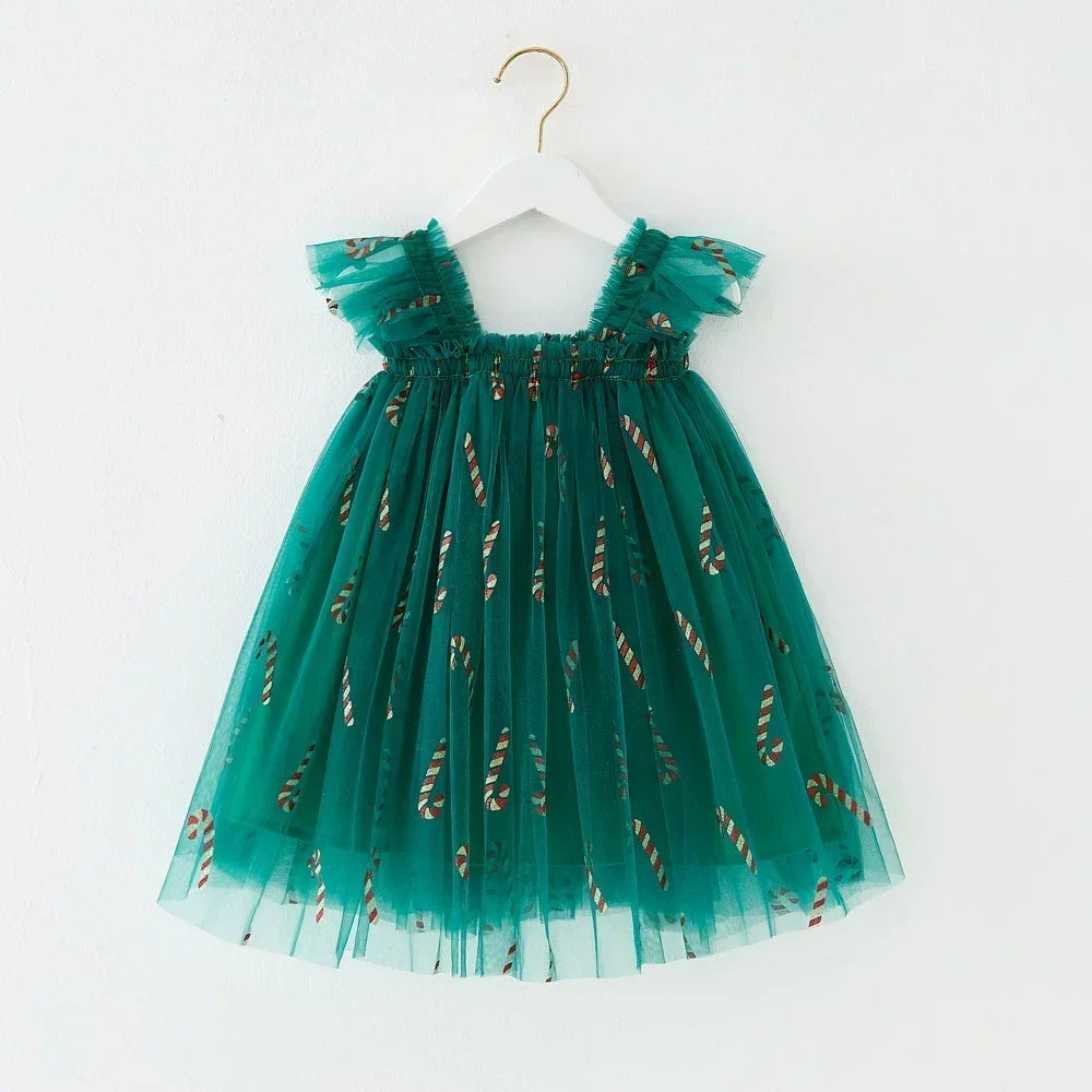 

Christmas Clothes Toddler Girls Mesh Suspenders Bow Fuffy Tulle Tutu Princess Dress Summer Baby Girls Embroidery Flower Wear