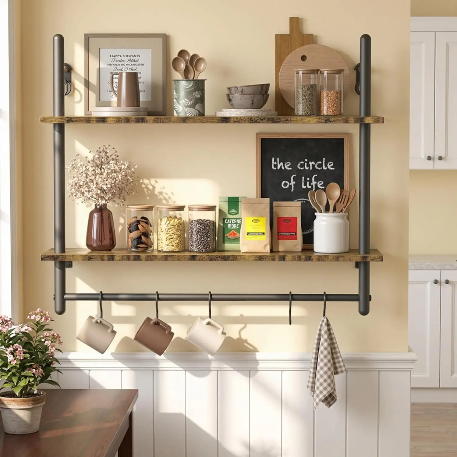 

Industrial Pipe Floating Shelf with Towel Bar & Hooks - 31.5" Wall Mounted, Modern Farmhouse Wood & Metal, 8 S-Hooks Included