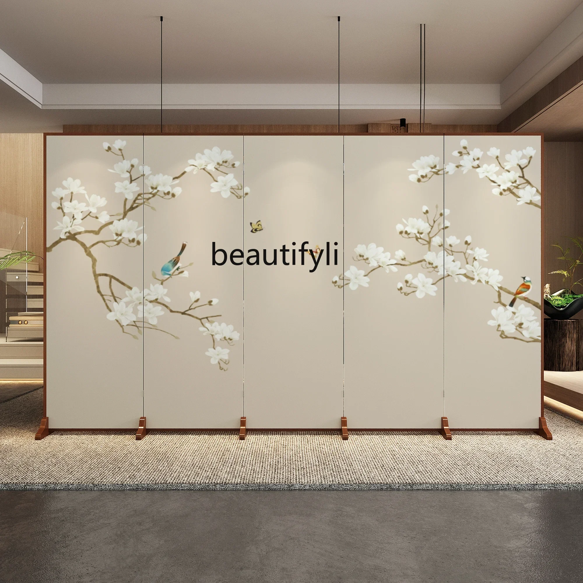 Screen partition living room entrance entrance blocking Chinese flower and bird folding mobile office tea room folding screen