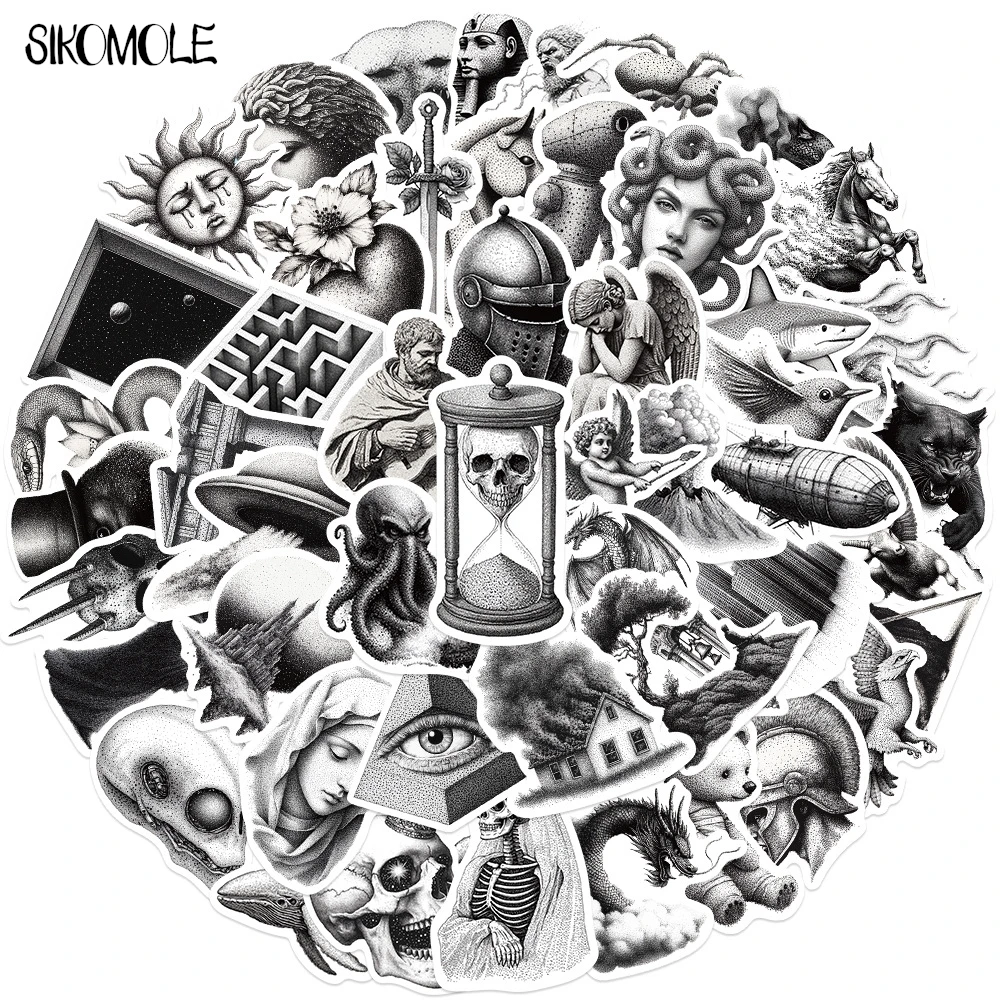 10/30/50PCS Retro Sketch Black And White PVC Stickers Aesthetic Art DIY Decoration Toy Kids Travel Luggage Graffiti Sticker Pack