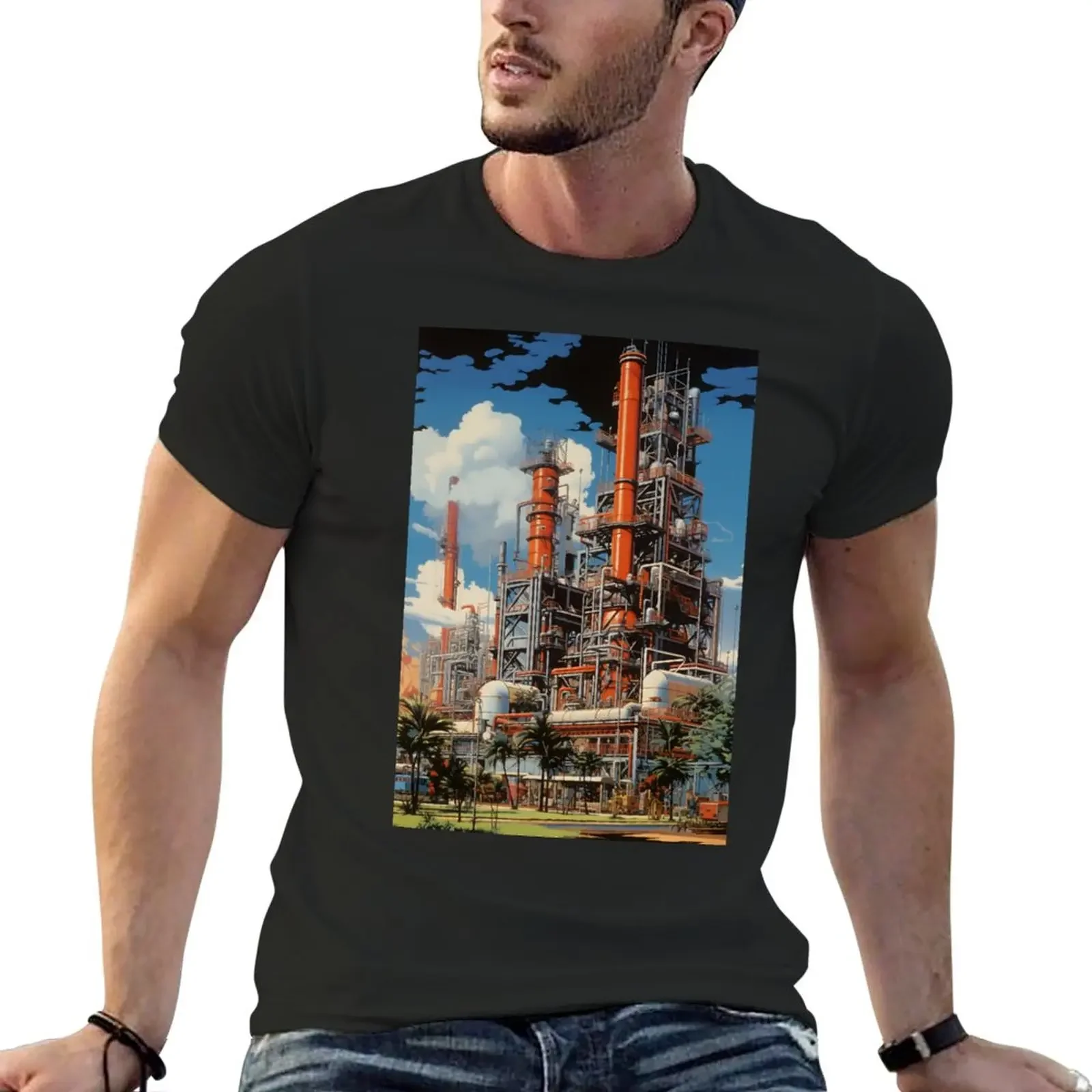 New Landscape of Factory Chimneys with Emission into the Atmosphere and Clear Blue Sky, Palms and Nature T-Shirt