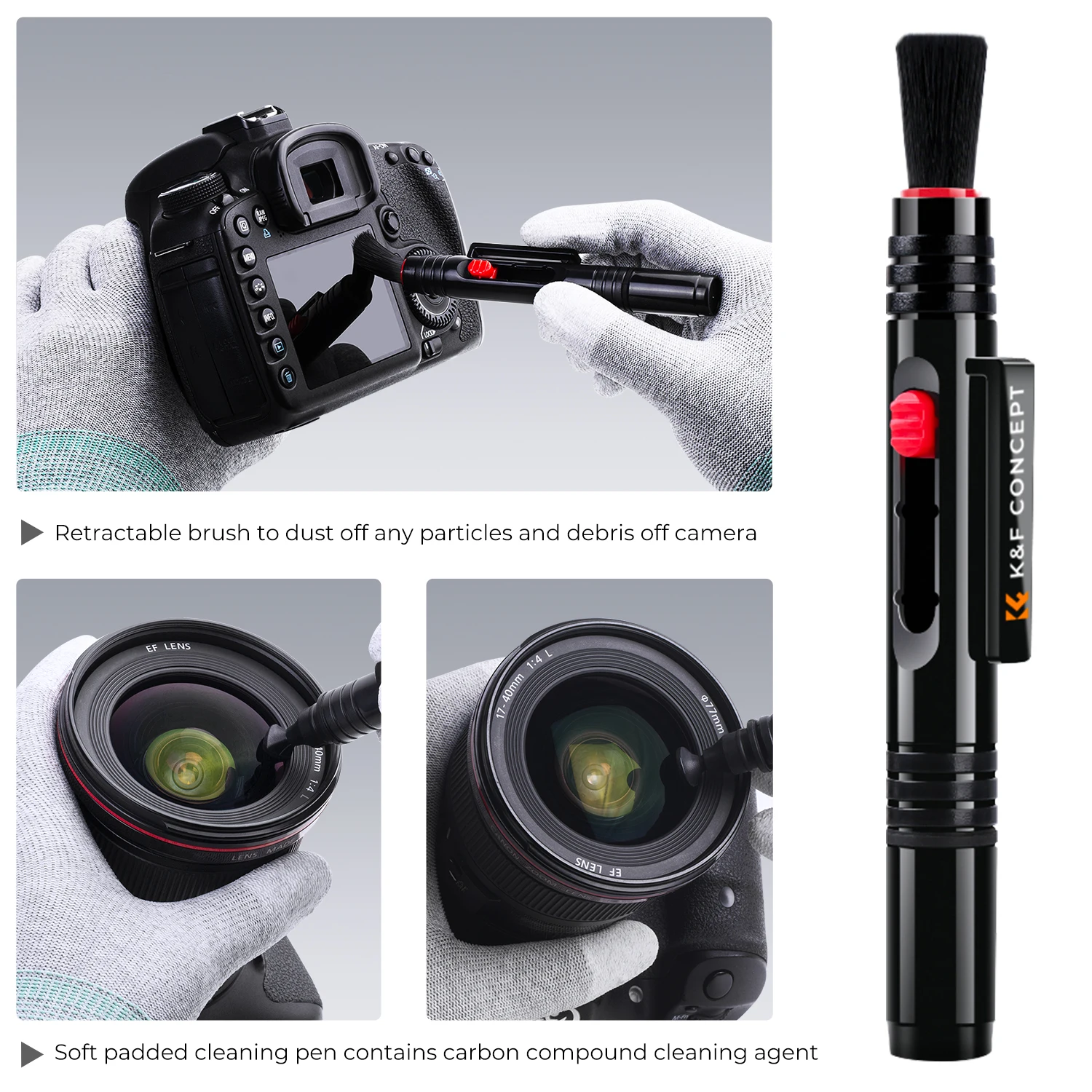 K & F Concept Caneta de limpeza de lentes Escova de lente com 2 cabeças de carbono para lente de câmera DSLR Telescópio Lupa Tela do telefone móvel