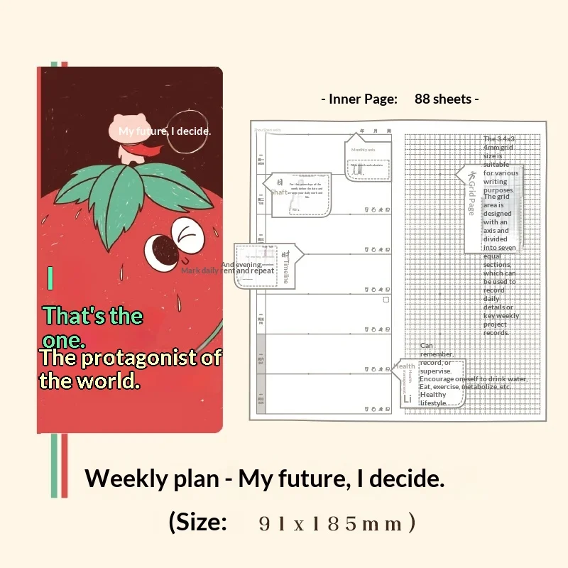 Kinbor undatierter Wochenplaner, Tagebuch, 88 Blatt, glattes Papier, niedliches, illustriertes Zeitplan-Notizbuch, Tageszeitmanagement, Studentenwerkzeuge