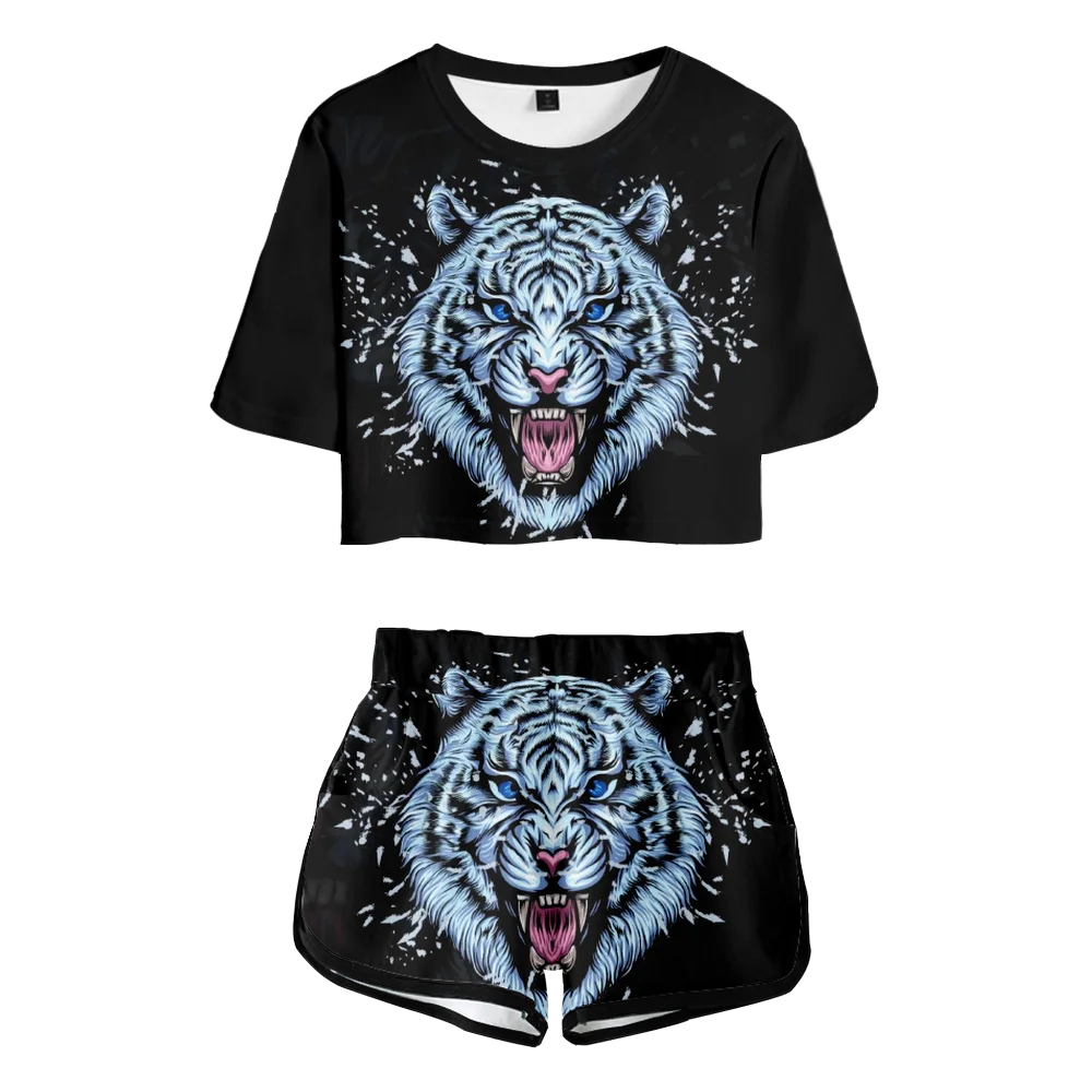  Black Tiger Punk Crop Tops Sets Design 3D Print Two Piece Set Shorts And Tshirt For Women Clothing Girl Suit Dropship Custom 