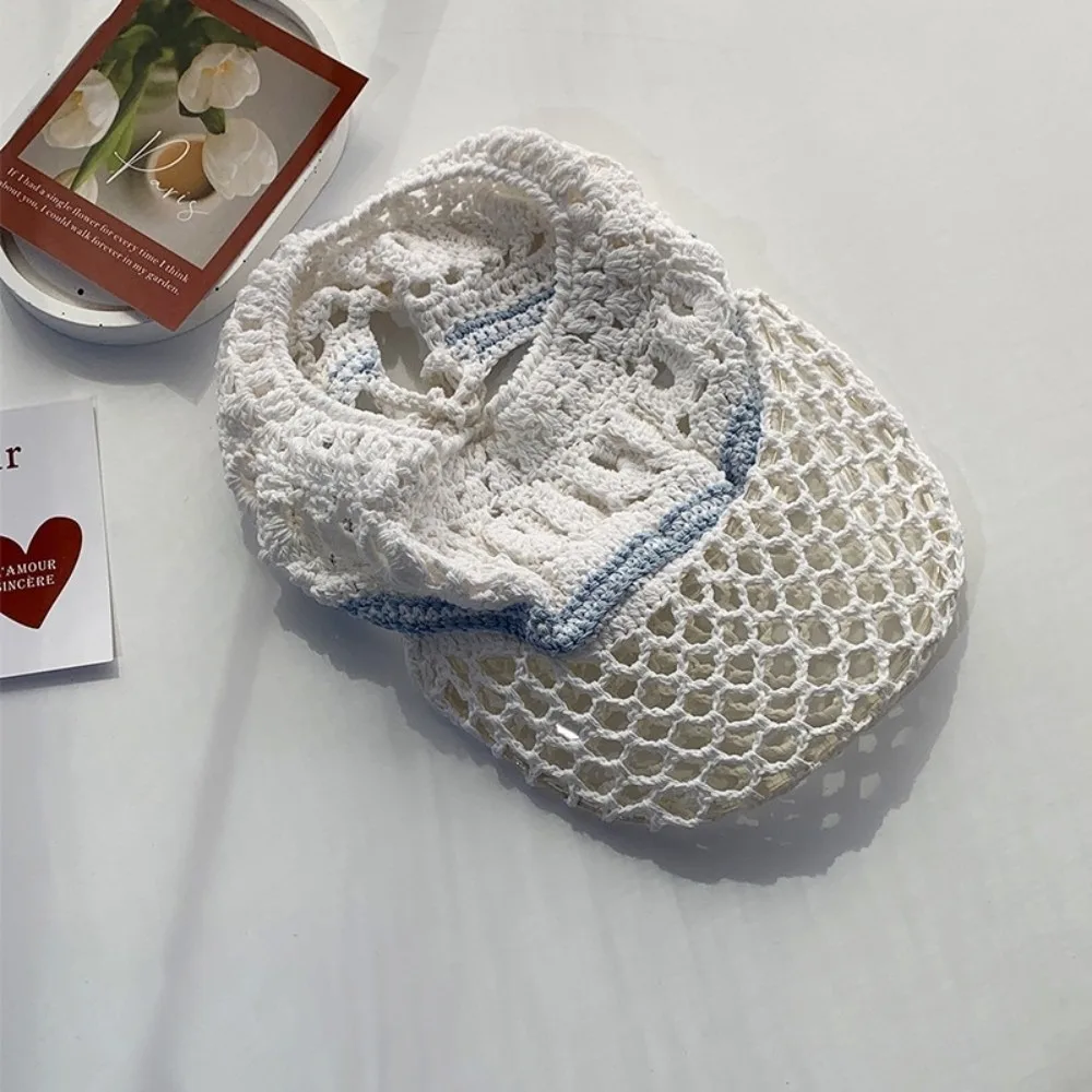 

Casual Sunscreen Crochet Empty Top Cap Knitted Sunshade Hollow Out Visor Hat Foldable Soft Drawstring Hat High Ponytail