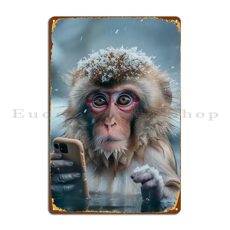 Snow Monkey Meme Mobile Phone Addiction Metal Plaque Wall Mural Kitchen Create Wall Decor Garage Tin Sign Poster