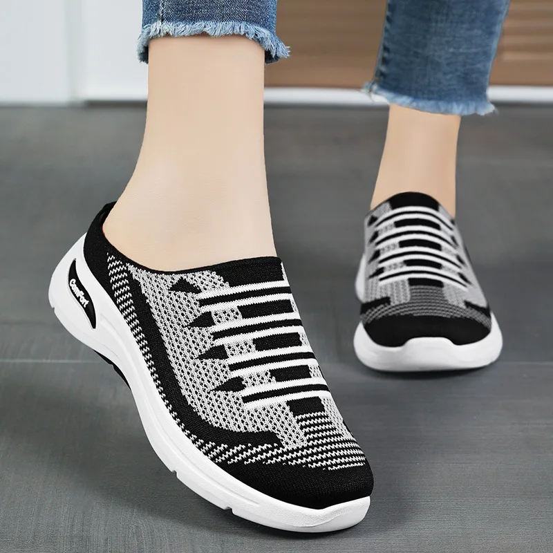 Women's Walking Sneakers Casual Anti-slip Breathable Half Mules Flat Shoes Women's Home Anti-slip Office Casual Shoes