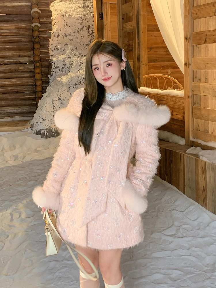 

Женская пуховая куртка Ele Fur Jaet с жемчужной отделкой, А-образным силуэтом и уникальным дизайном талии, теплая пушистая верхняя одежда