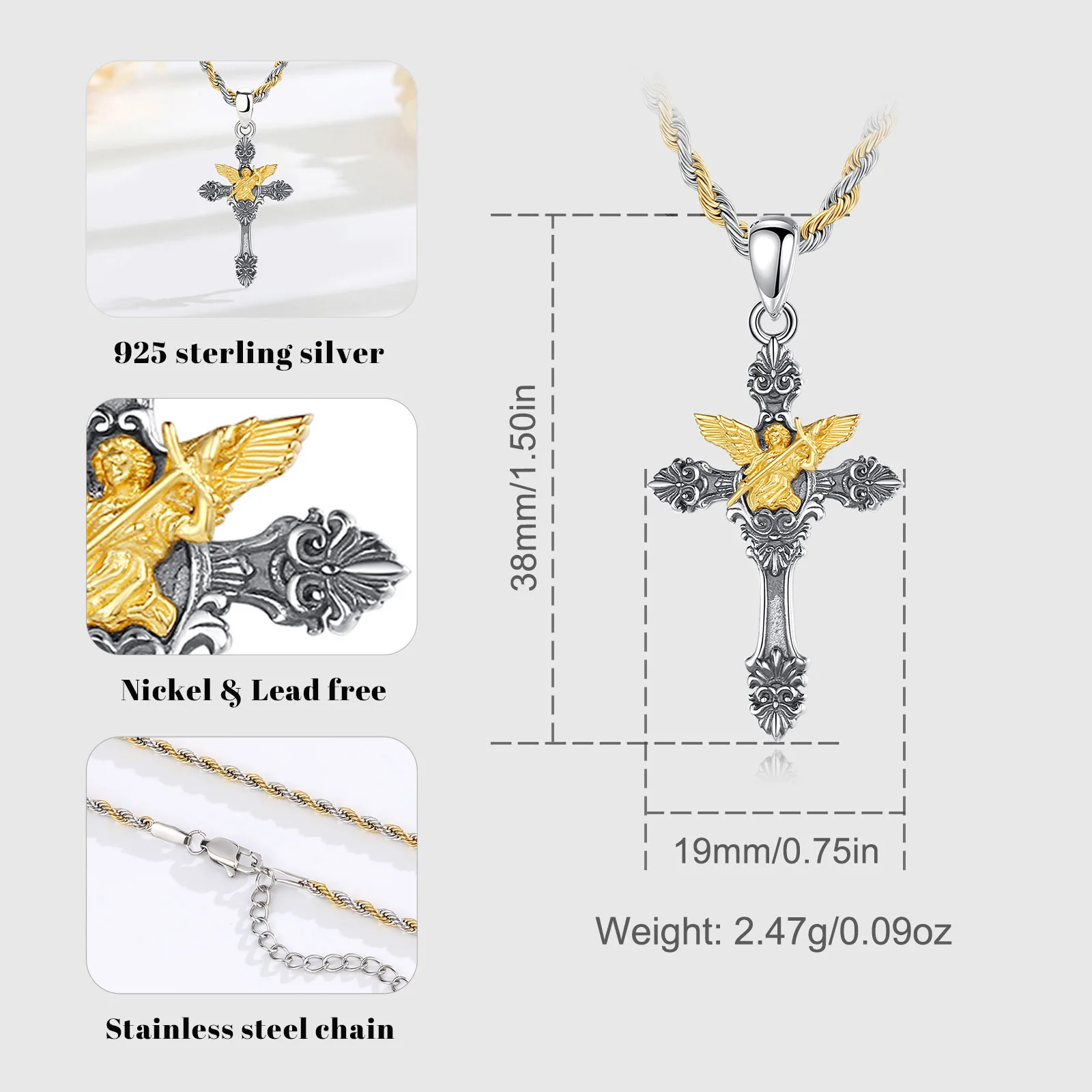 Eudora 925 Sterling Silver Saint Michael Archangel Necklace Religious Cross Pendant Protection Jewelry Fine Gift for Men Woman ﻿