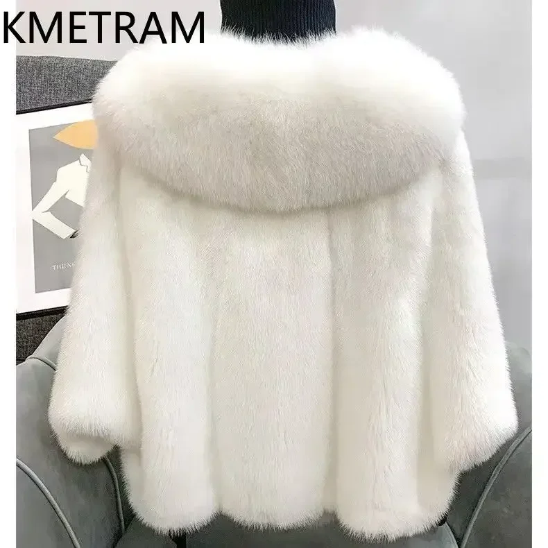 Real Mink Fur Coat Women Luxury Winter Fox Fur Collar Short Jacket Bat Sleeve New in Outerwears Womans Clothing 2024 Fourrure
