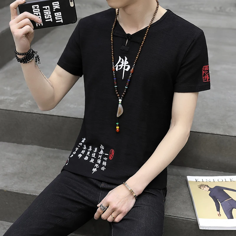 تي شيرت رجالي بأكمام قصيرة مطرز بكلمة بوذا من الكتان موضة الصيف مقاس كبير عصري اجتماعي للأولاد برقبة دائرية من القطن للشباب #1