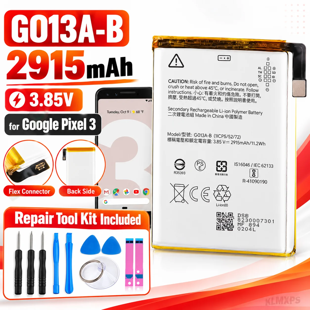 2915mAh G013A-B Replacement Battery for Google Pixel 3 Mobile Phone Li-ion Polymer Rechargeable Battery Repair Kit Included