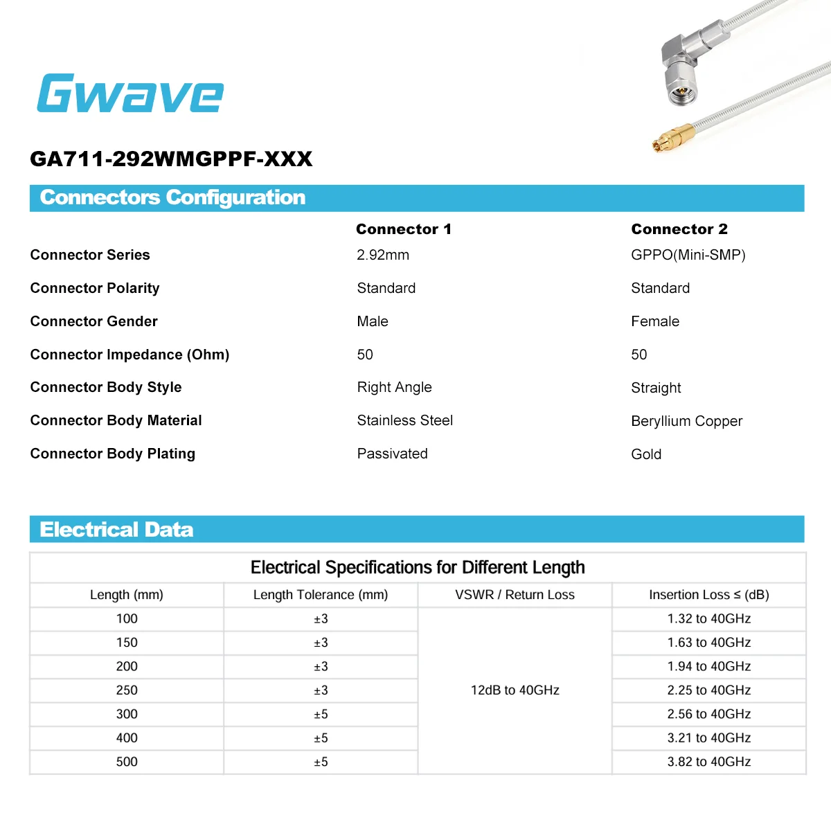 2.92mm Male Right Angle To GPPO Female Cable 086 Semi-Flexible DC-40GHz Communication Cables Without Jacket