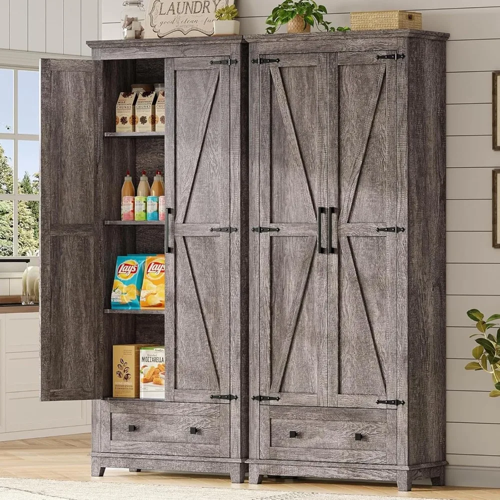 

2 Pcs Farmhouse Kitchen Pantry Cabinet, 72" Tall Storage Cabinet with Adjustable Shelves & Barn Doors & Drawer, Freesta