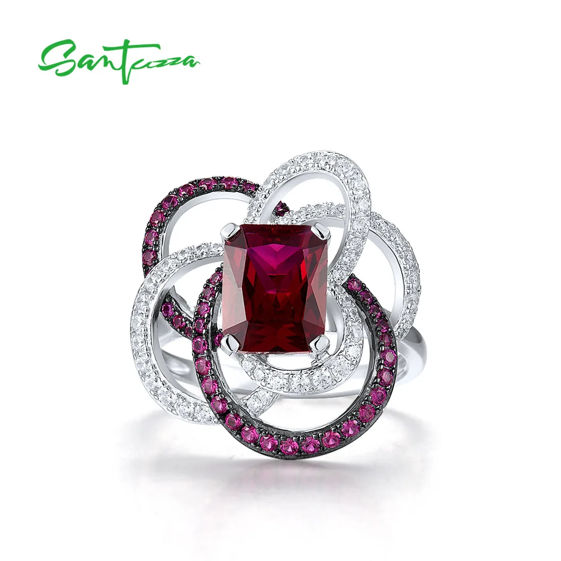 SANTUZZA Real 925 Sterling Silver Ring For Women Sparkling White CZ Lab Created Ruby Floral Wedding Gorgeous Trendy Fine Jewelry
