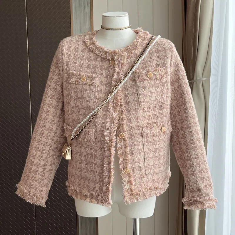 Chaqueta de Tweed con fragancia pequeña de alta gama para mujer, abrigos de lana de manga larga con borla francesa Vintage, prendas de vestir de marca de moda, Otoño e Invierno