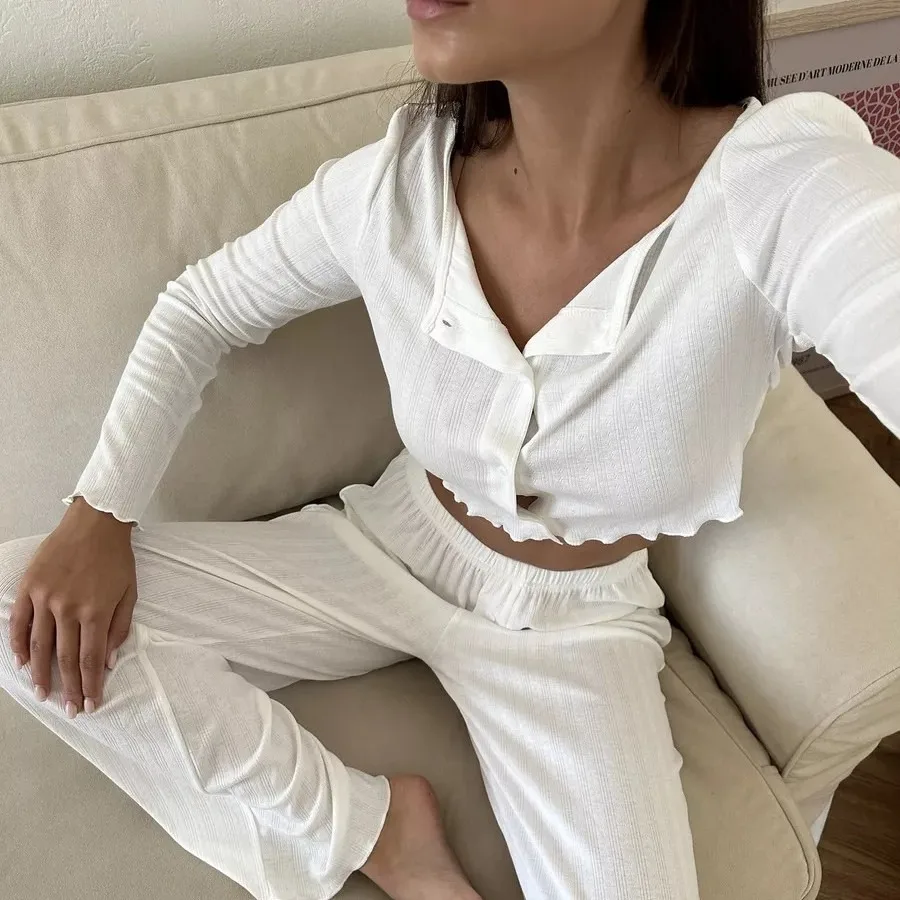 2025 Cotton material Spring Summer Women's Sexy Pajamas Homewear Set Knitted Design Long Sleeve Long Pants Pajamas Homewear Set