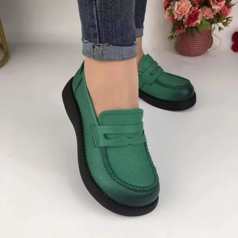 Spring and Autumn 2023 New Round Toe Leather Topped Women Thick Sole Shoes Wear Solid Color Versatile Women's Shoes Outside