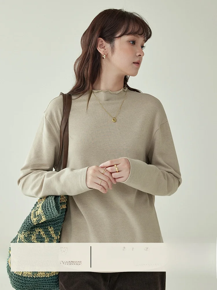 

AMUU Original mat Pure Color Lace Trim Stand Collar Loose Women's T-irt Autumn New Sle Versatile Top