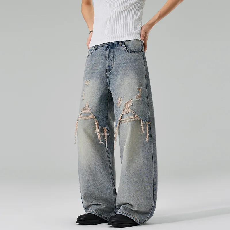 American Men's Spliced Hole Patched Loose Straight Wide Leg Casual Trendy Daily Denim Trousers Male Fashion Clothes Jeans Pants