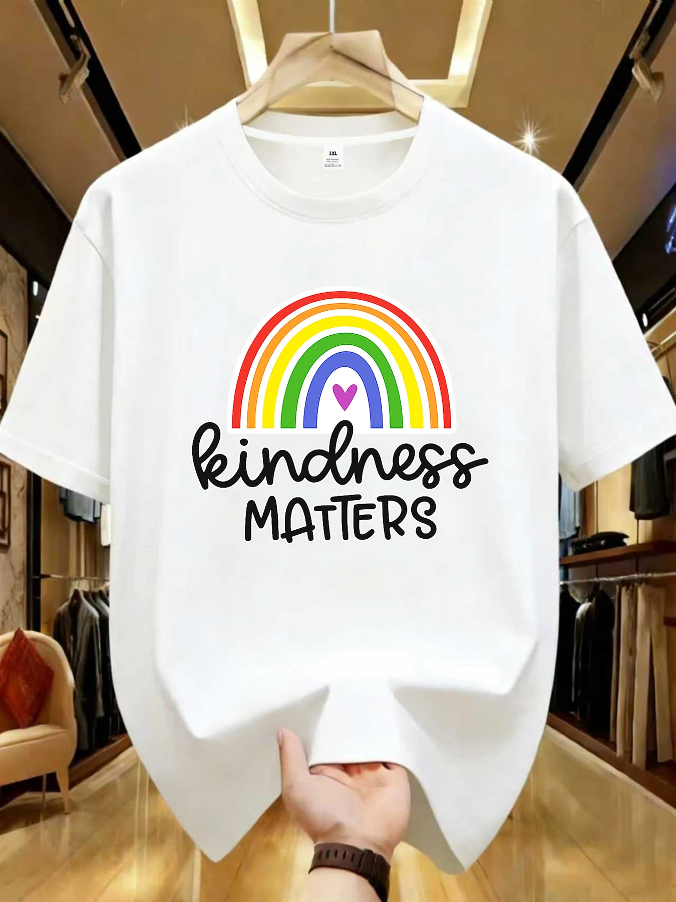 

【WDS01313】Rainbow and letter print plus size women's round neck T-shirt summer casual short sleeved top street fashion versatile