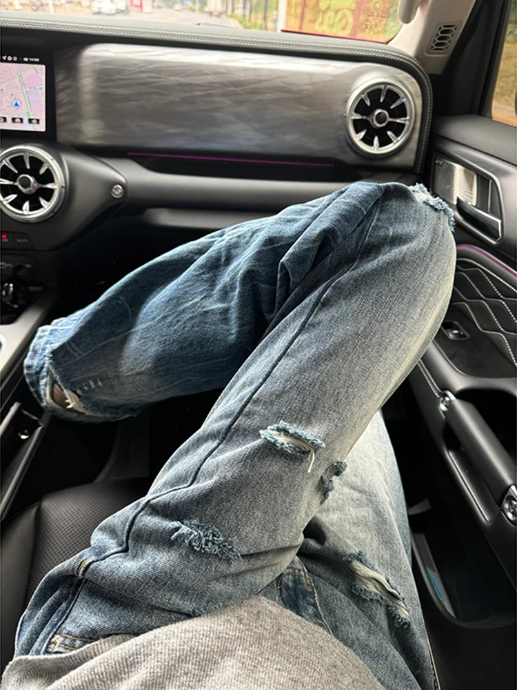 

Мужские джинсы прямого кроя с эффектом потертости и принтом в виде молнии, длинные брюки, молодежные, износостойкие, повседневные, прямого кроя