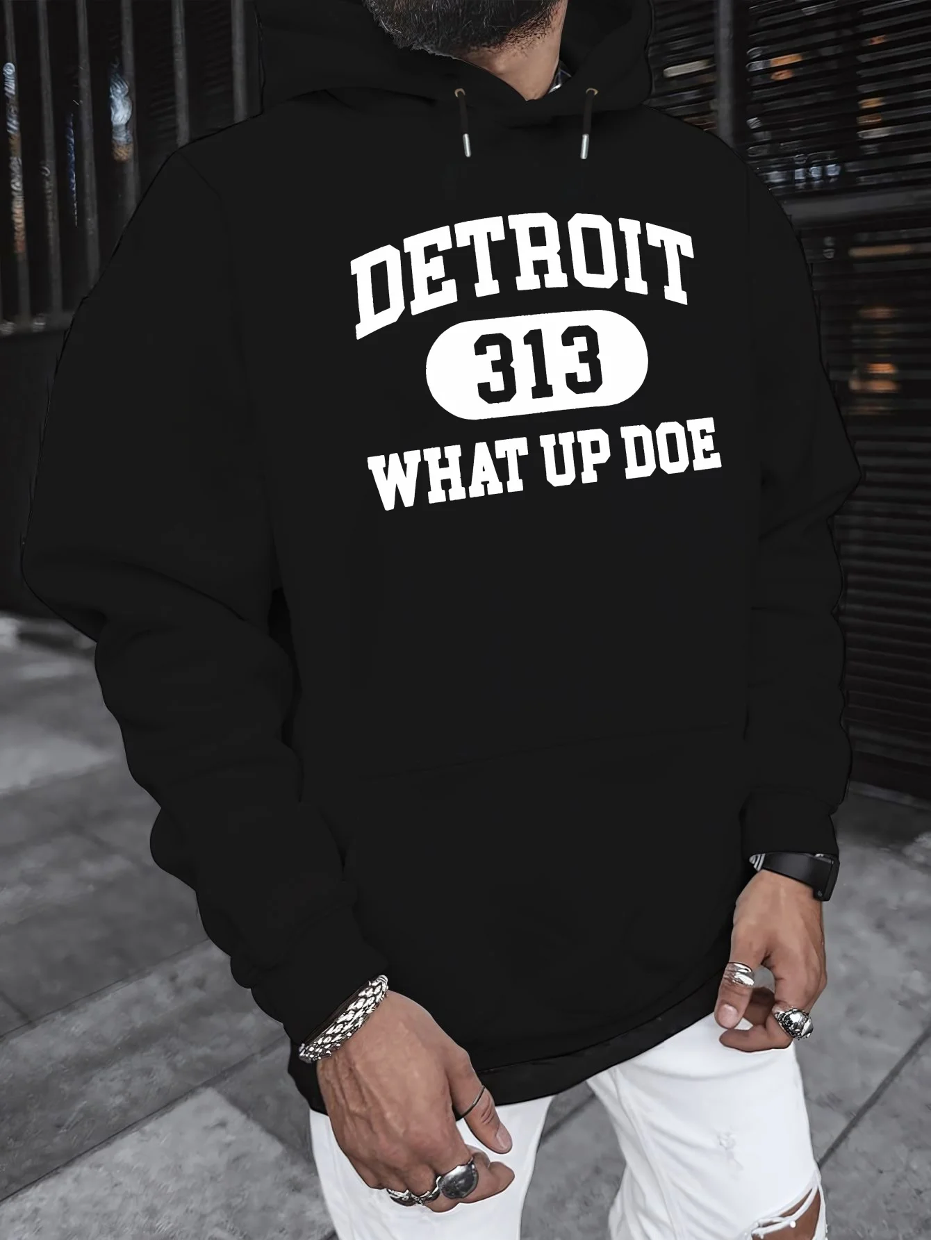 DETROIT 313 WHAT UP DOE Bedrucktes Herren-Sweatshirt Lässiger Langarm-Kapuzenpullover Lockerer Kapuzenpullover