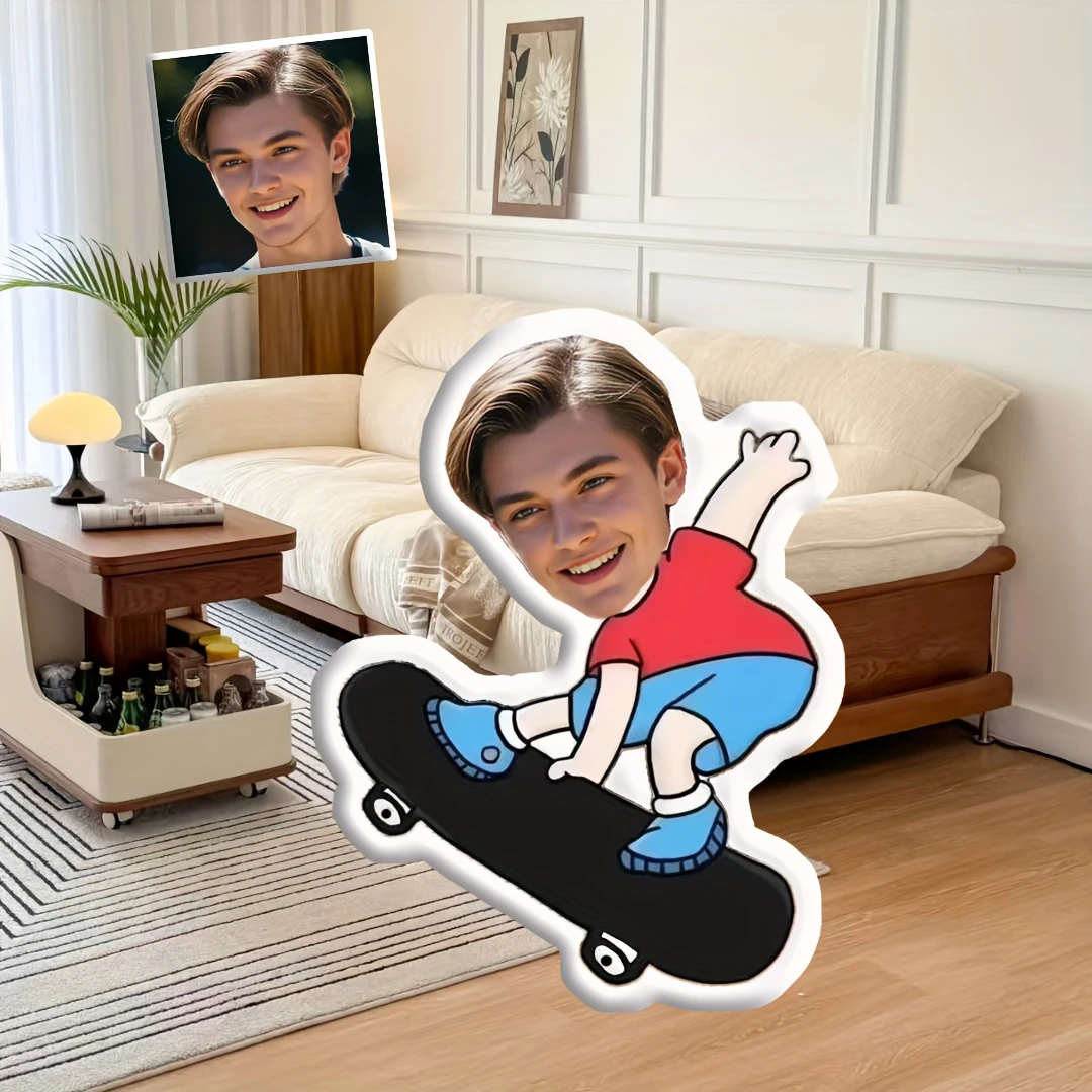 Custom Face Image Throw Pillow Featuring a Little on a Skateboard, Perfect for Christmas And Thanksgiving As a Unique Commemorat