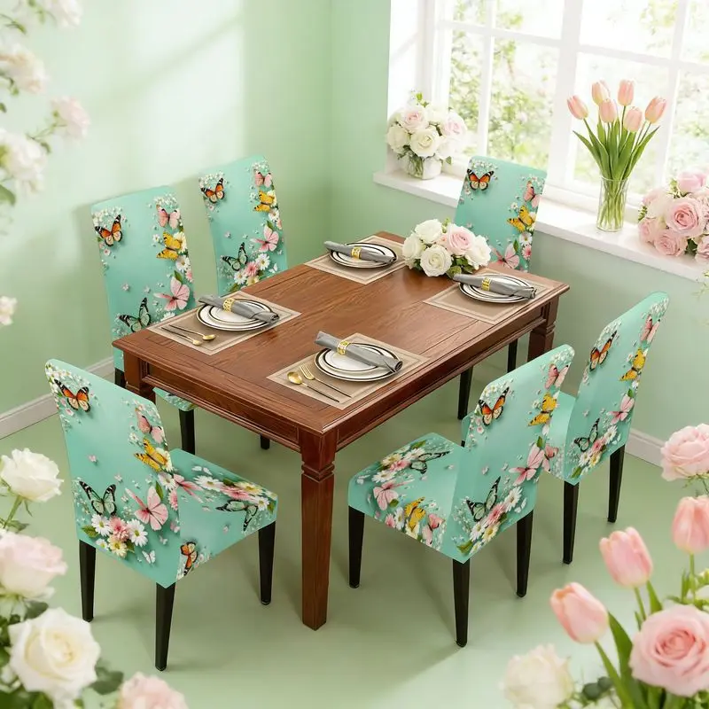 Flat print stretch dining chair cover set Colorful butterfly floral pattern, easy to install, washable, chair cover
