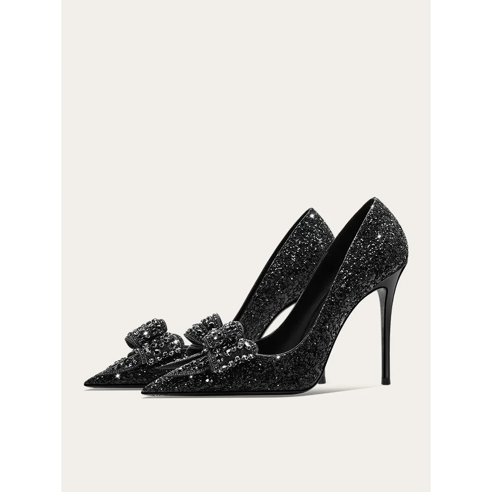 Princess Black Crystal High Heeled Pumps Big Bow French Style Sequins Pumps Sexy Elegant Women Wedding Party Pumps Heel