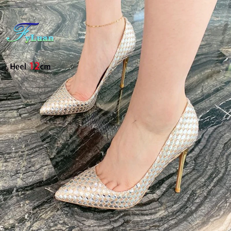 

Элегантная женская обувь, модные плетеные туфли на высоком каблуке 8-12 см, золотистые туфли на одинарной платформе, женские туфли-лодочки с острым носком на шпильке с блестками, большие размеры 34-45