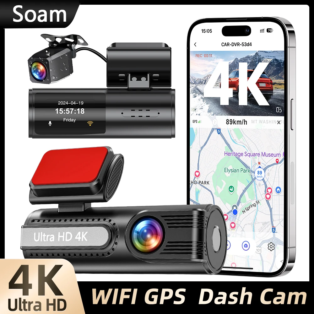 Soam Dash Cam 4K/1080P Front and Rear Full Dashcams for Car,GPS,WiFi & App Control,170° Wide Angle,Night Vision,WDR,Parking Mode