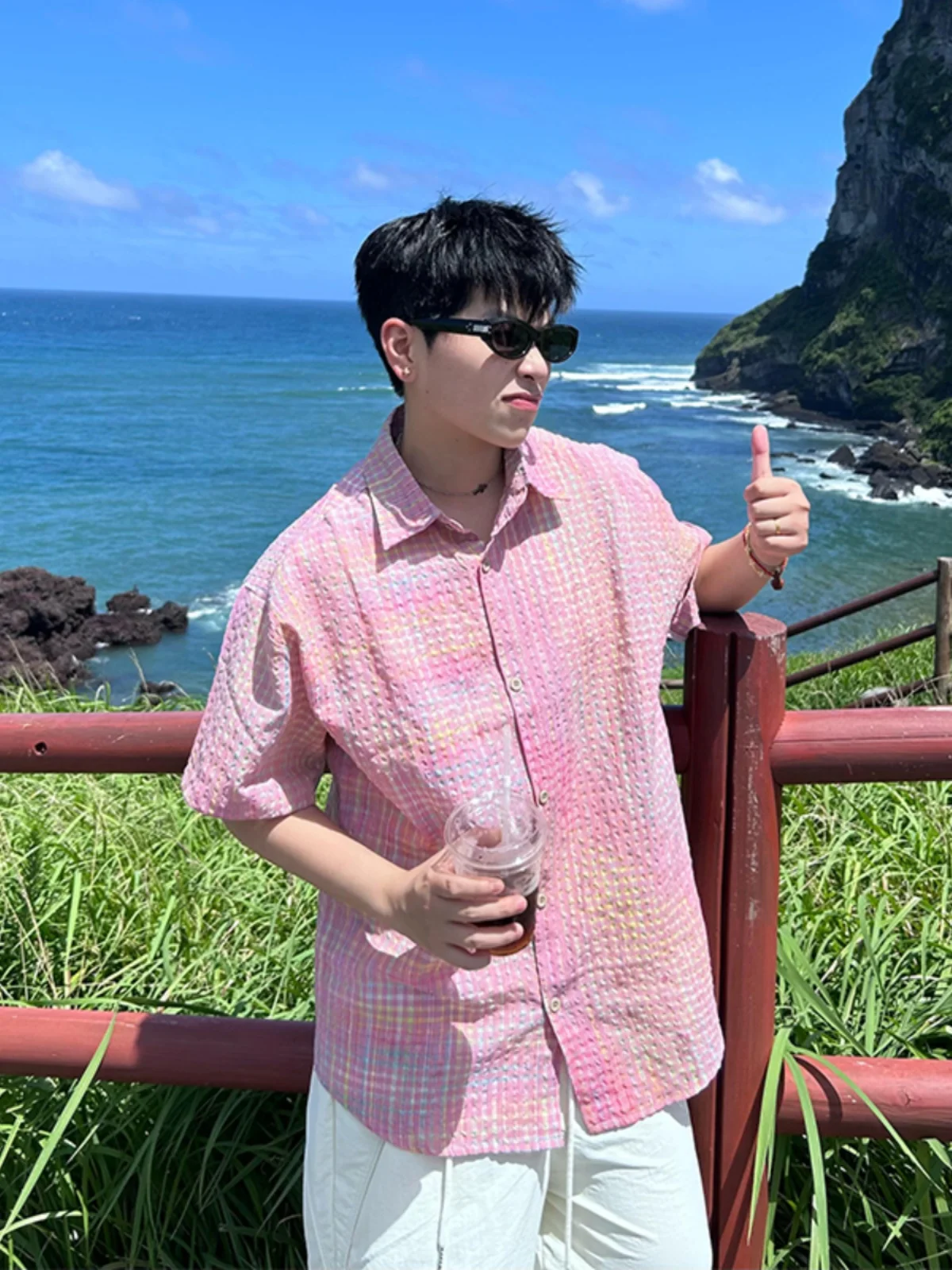 Pink Bubble Shirt Short Sleeve Men Summer Dopaamine Beach Shirt High-End Half Sleeve Jacket Loose Fit Youth Trendy Flip Collar