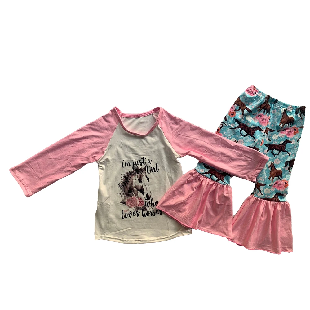 

Wholesale Baby Girls Clothing Spring Autumn Pink Long Sleeve Set horse Floral Print Boutique Children's Clothes