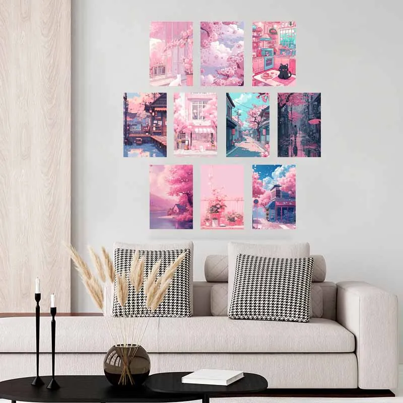 10/30pcs 4x6\'\' Pink Lofi Wall Collage Kit Cartoon Style Poster Cards Teen Girls Y2K Room Decoration Painting Bedroom Dorm Decor