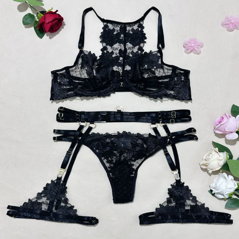 Bikini Fashion Complex Craft Embroidery Cross Strap Sexy Lingerie Push-Up Underwire Four-Piece Set