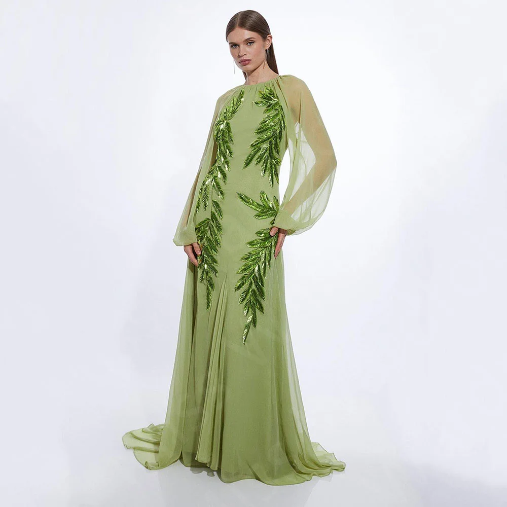

Customized Latest Sage Evening Dresses 2025 Arabic Round Neck Prom Party Gowns Puffy Long Sleeves Wedding Guest Dresses Feathers