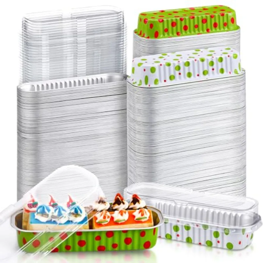 

200 Pcs Christmas Aluminum Foil Mini Loaf Pans with Lids 6.7 oz Christmas Baking Pans Lime Green and Red Disposable Cookie Tins