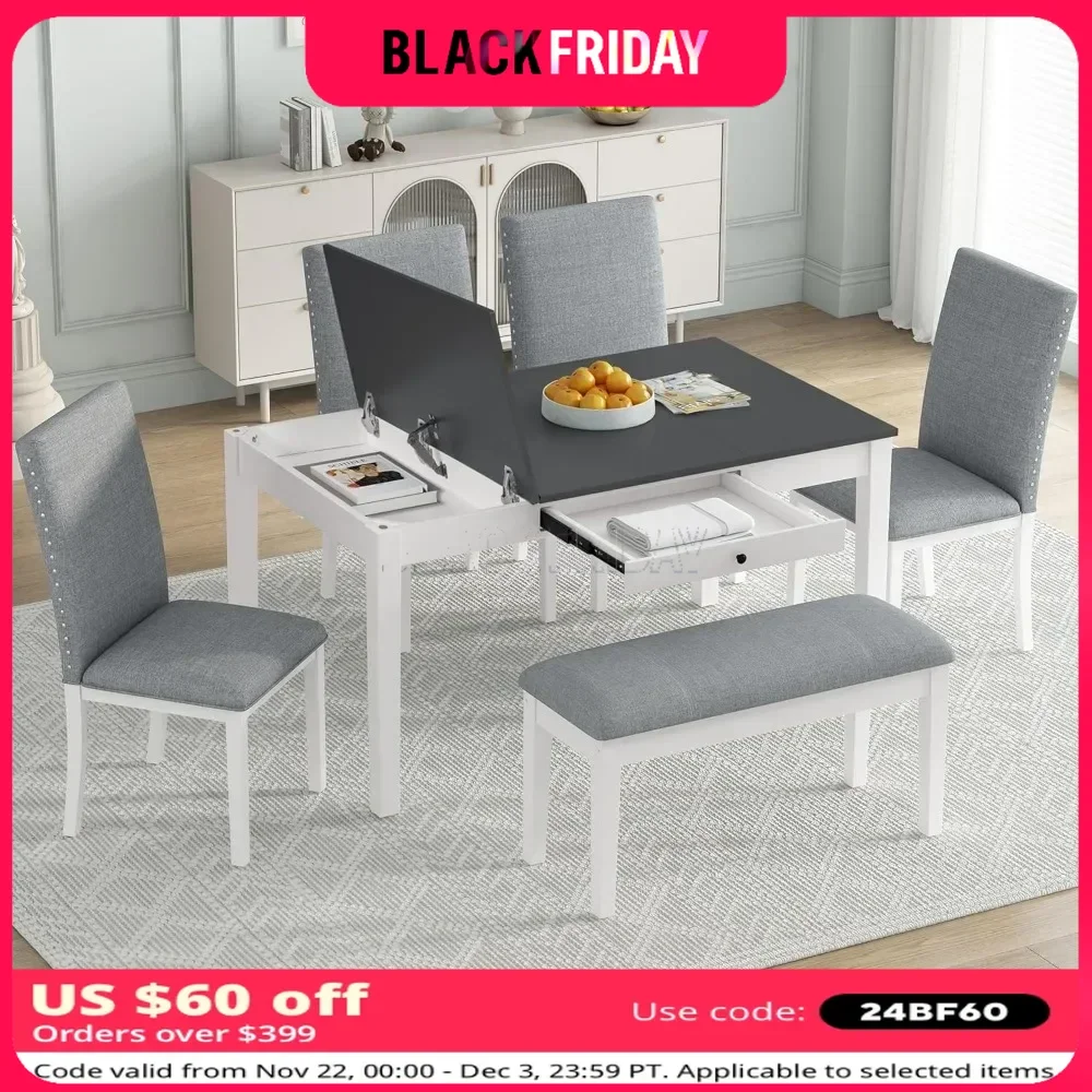 

6-Piece Dining Table Set, 60" Table with Storage Tabletop & Drawer, Upholstered Chairs, Storable Bench, Wood Dining Room Set