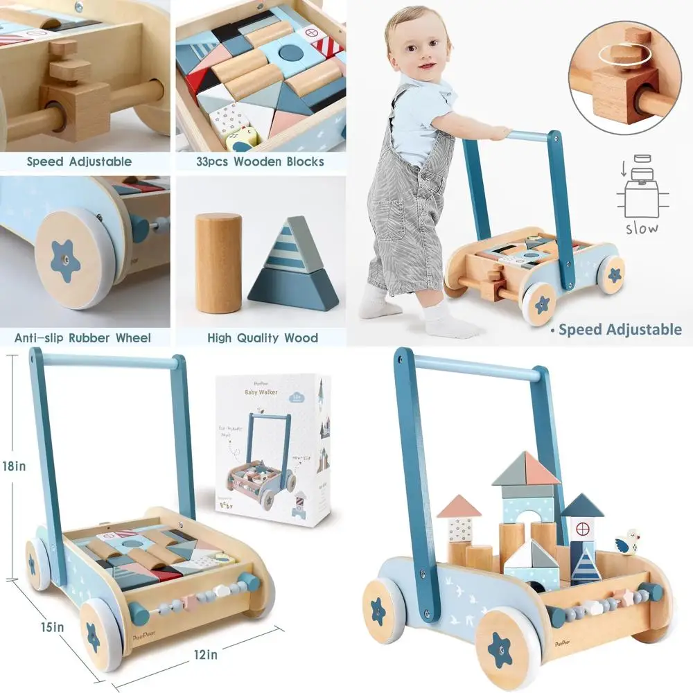 Montessori-Gehhilfe für Kleinkinder aus Holz mit Blöcken, einstellbarer Geschwindigkeit, rutschfeste Räder, ideales Geschenk für 1–3 Jahre