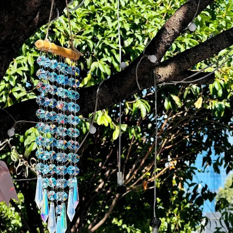 Crystal Transparent Dreamy Wind Chimes Colorful Artistic Female Room Wind Chimes Solid Wood Stick Pretty Bright Home Decor