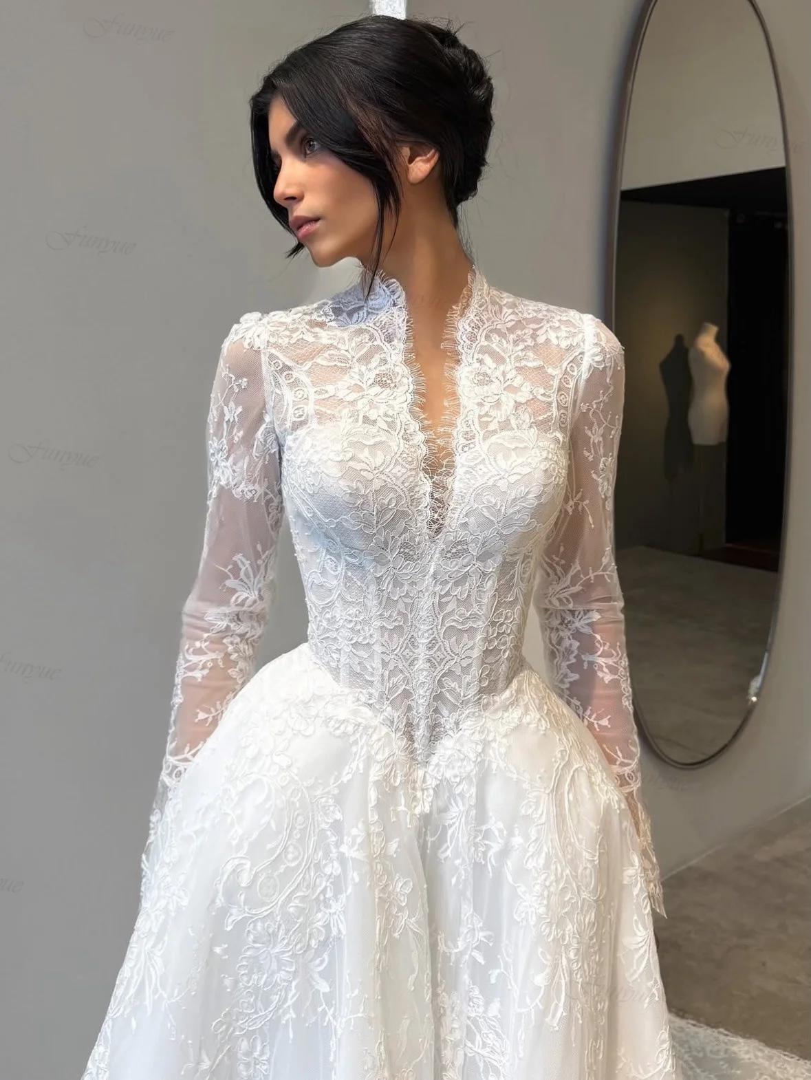 Funyue Customized Modest Wedding Dresses For Bride Full Sleeves Lace Bridal Ball Gown Long Robe De Mariée 2027