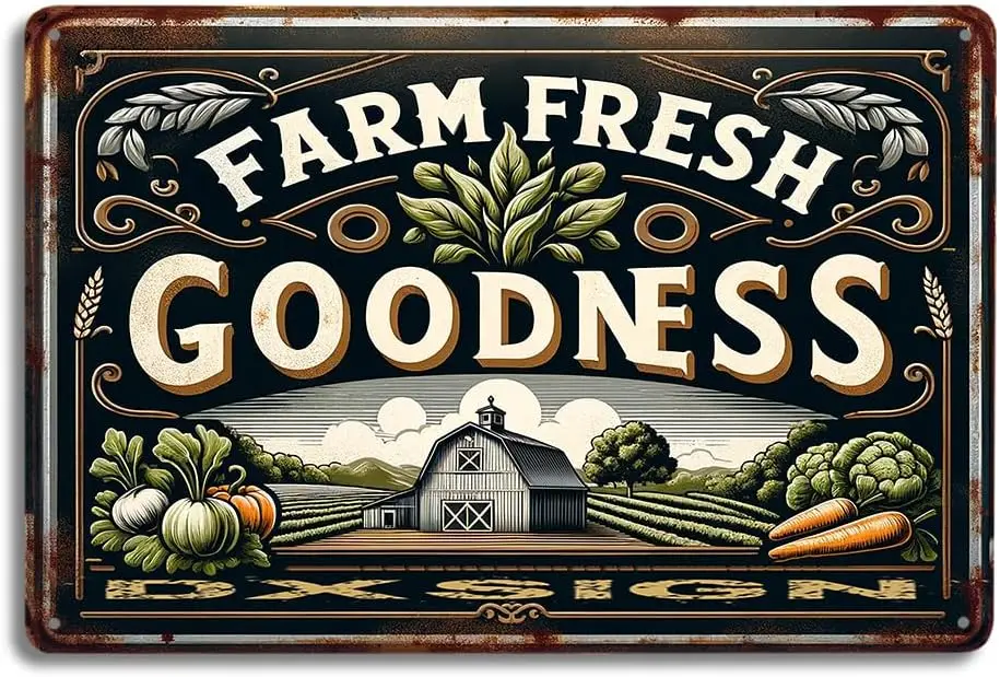 Rustic Farmhouse Metal Tin Sign - Farm Fresh Goodness - Country Style Kitchen Decor with Vintage Barn and Produce Design -   - I