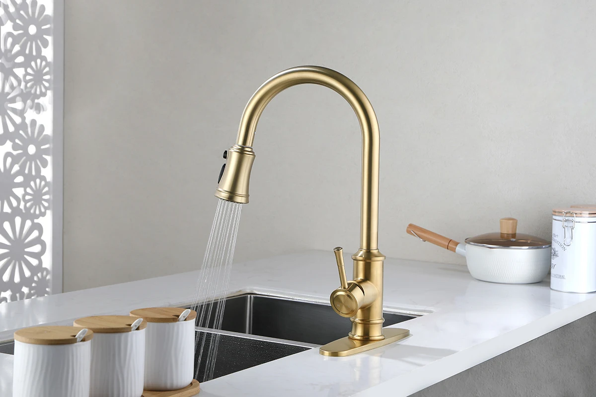 

Home Easy To Install Atmosphere Single Handle High Arc Brushed Nickel Pull Out Kitchen Faucet Stainless Steel Kitchen Sink Fauce