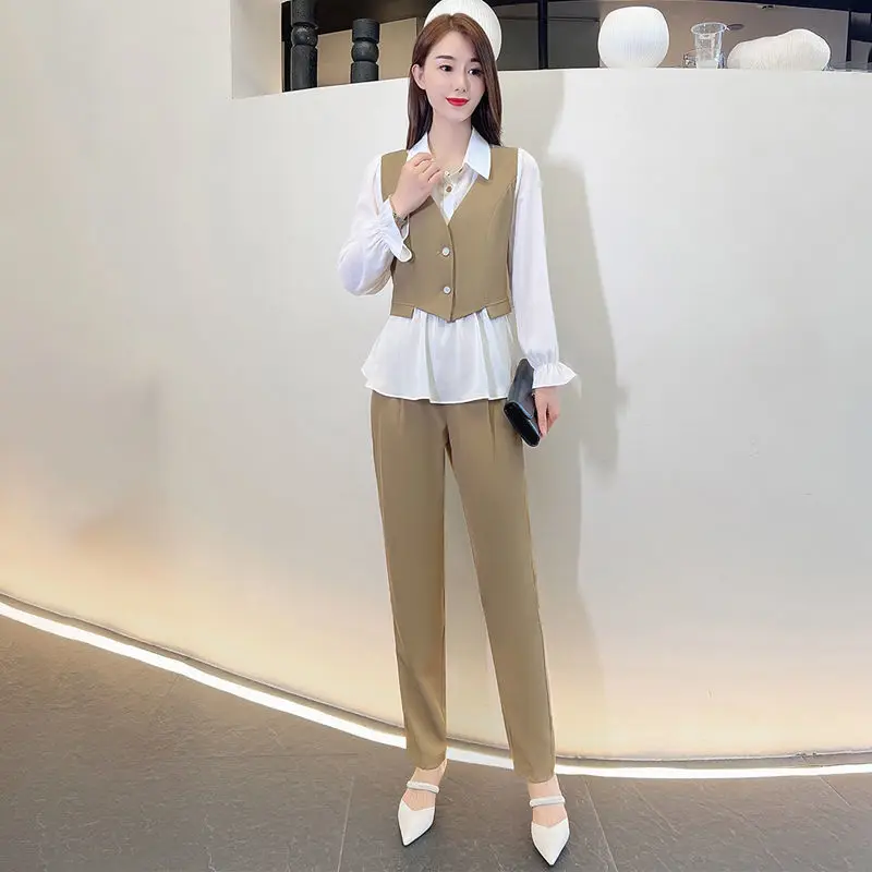 Fashion Suit Women\'s New Style Western-style Fake Two-piece Top Vest Shirt Shirt Temperament Slimming Two-piece Set